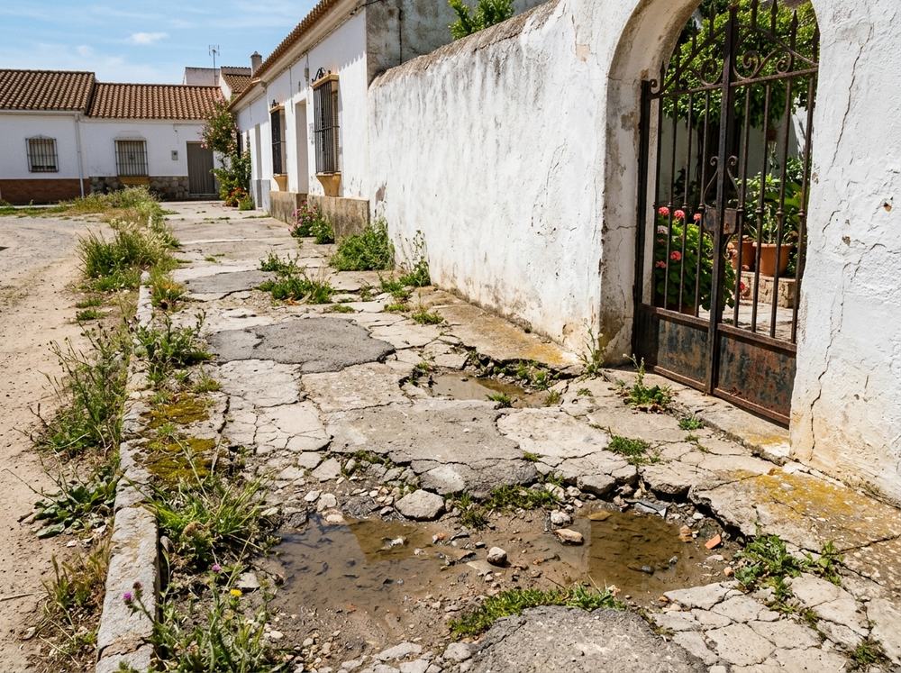 Antes: acera deteriorada con hormigón roto, charcos y malas hierbas en Moguer, Huelva
