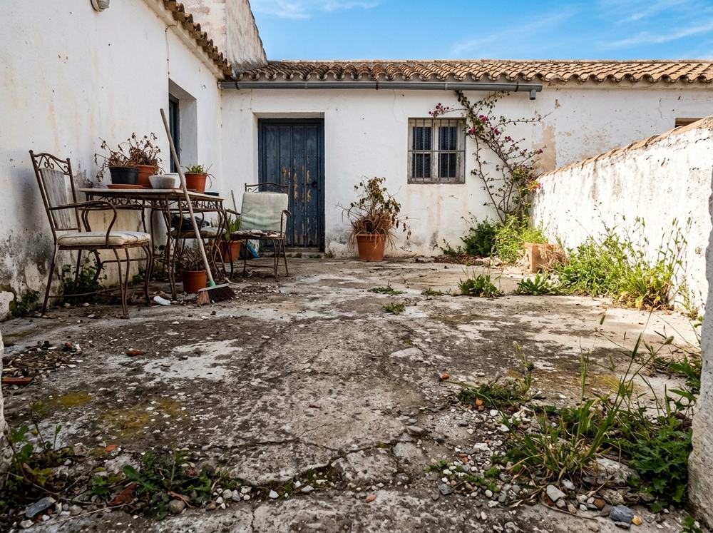 Antes: patio de casa con suelo de cemento viejo, manchas y malas hierbas en San Juan del Puerto, Huelva