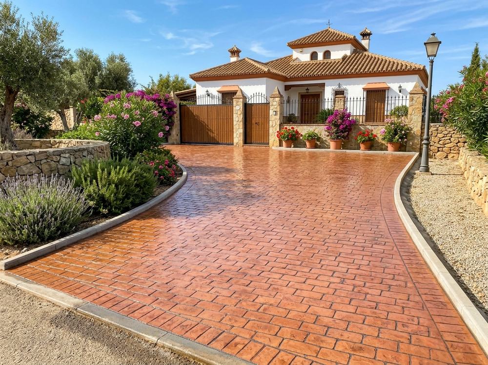 Después: entrada de vehículos con hormigón impreso molde adoquín terracota en Aljaraque, Huelva